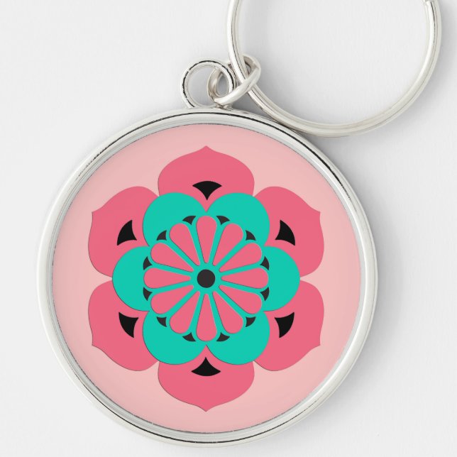 Lotus Flower Mandala, Coral Pink and Turquoise Keychain (Front)