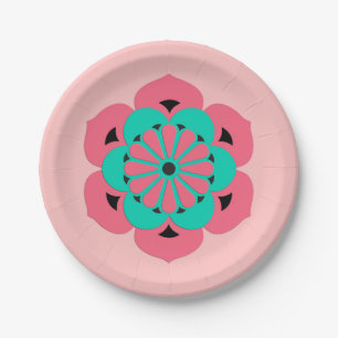 Lotus Flower Mandala, Coral Pink and Turquoise Paper Plates