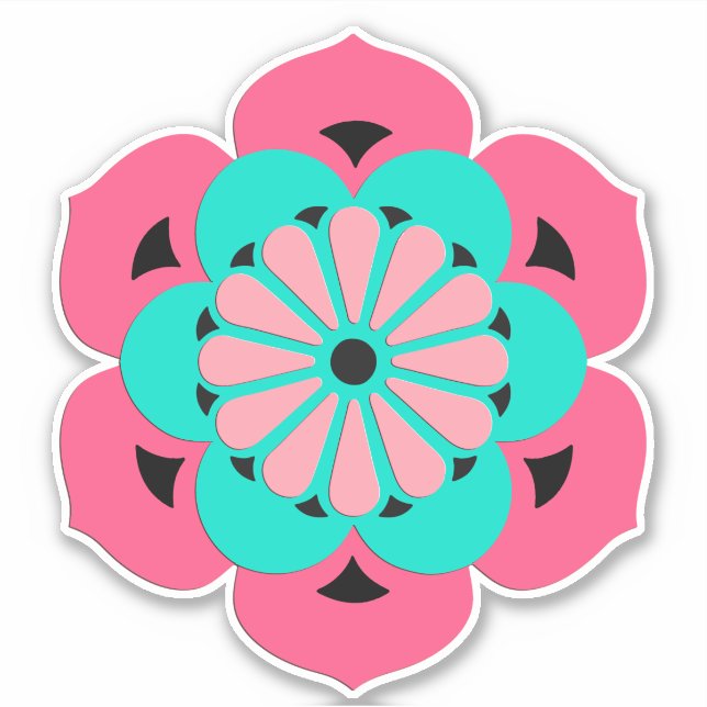 Lotus Flower Mandala, Coral Pink and Turquoise Sticker (Front)