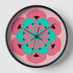 Lotus Flower Mandala, Coral Pink and Turquoise Wall Clock