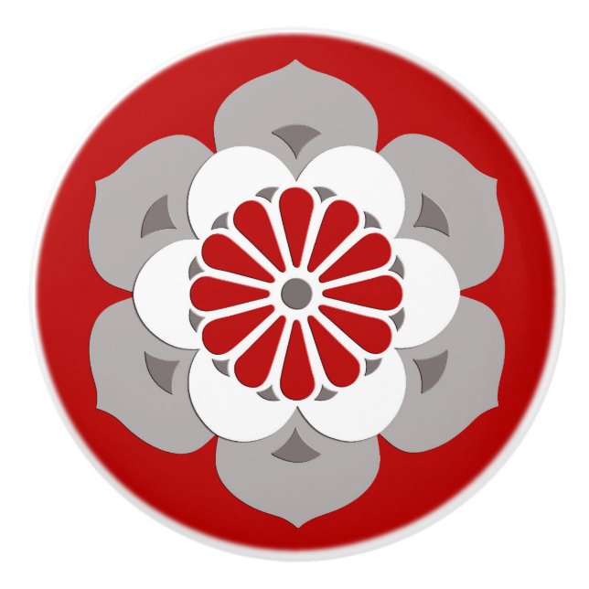 Lotus Flower Mandala, Dark Red, Gray and White Ceramic Knob (Front)