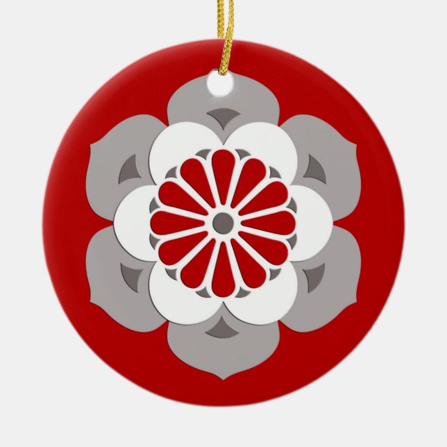 Lotus Flower Mandala, Dark Red, Gray and White Ceramic Ornament (Front)