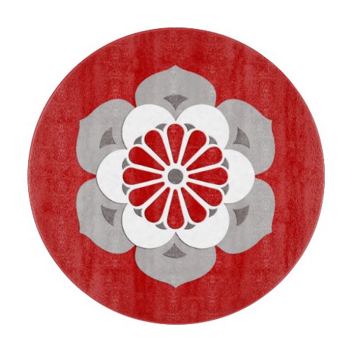 Lotus Flower Mandala Dark Red Gray and White Cutting Board