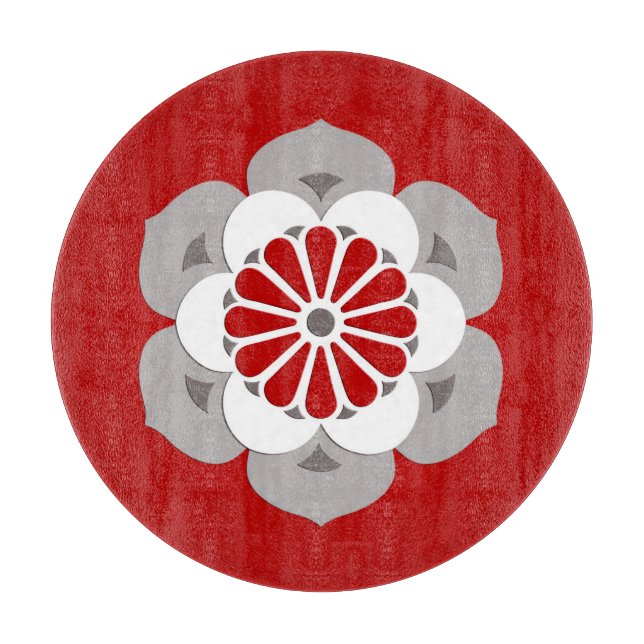 Lotus Flower Mandala, Dark Red, Gray and White Cutting Board (Front)