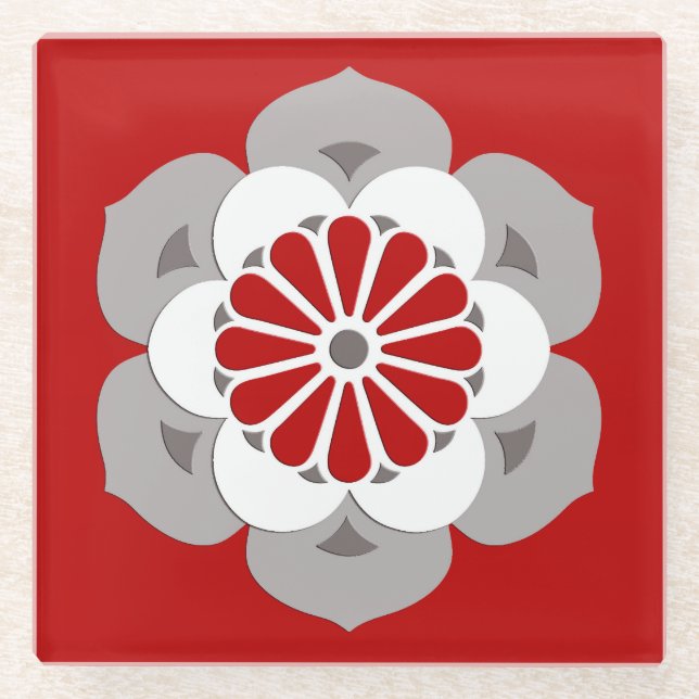 Lotus Flower Mandala, Dark Red, Gray and White Glass Coaster (Front)