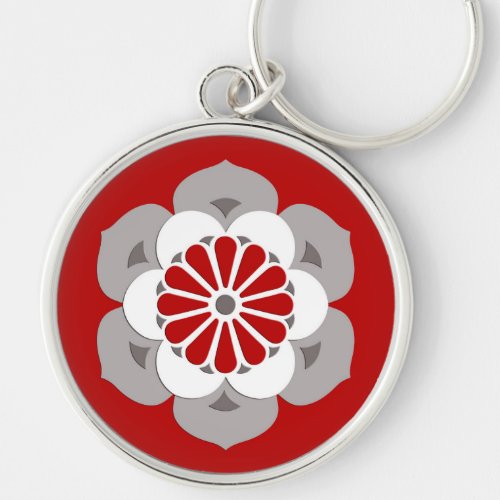 Lotus Flower Mandala Dark Red Gray and White Keychain