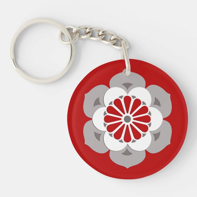 Lotus Flower Mandala, Dark Red, Gray and White Keychain (Front)