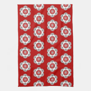 Lotus Flower Mandala, Dark Red, Gray and White Kitchen Towel