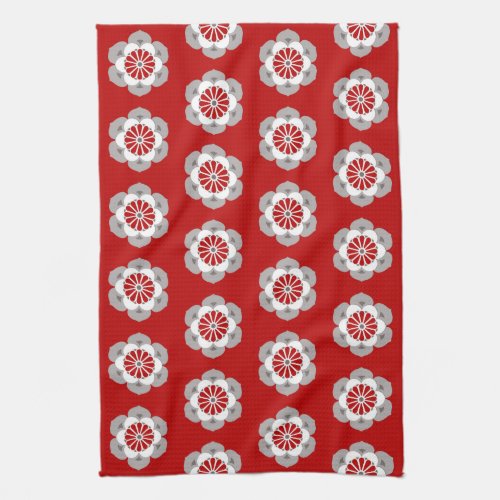 Lotus Flower Mandala Dark Red Gray and White  Kitchen Towel