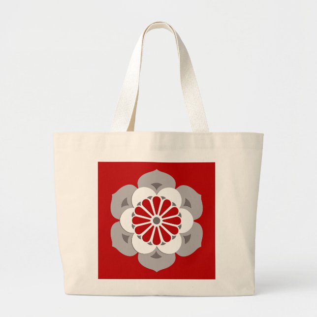 Lotus Flower Mandala, Dark Red, Gray and White Large Tote Bag (Front)