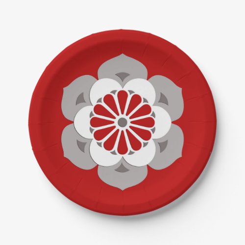 Lotus Flower Mandala Dark Red Gray and White Paper Plates