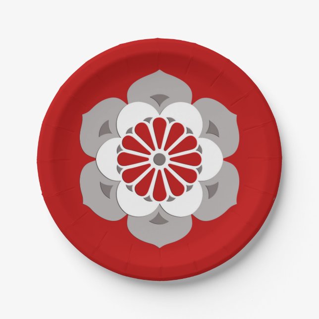 Lotus Flower Mandala, Dark Red, Gray and White Paper Plates (Front)