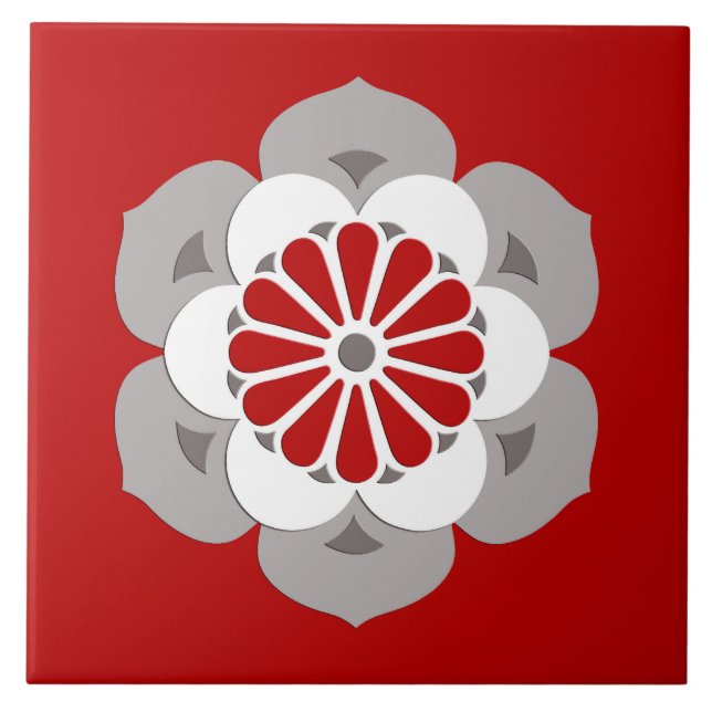 Lotus Flower Mandala, Dark Red, Gray and White Tile (Front)