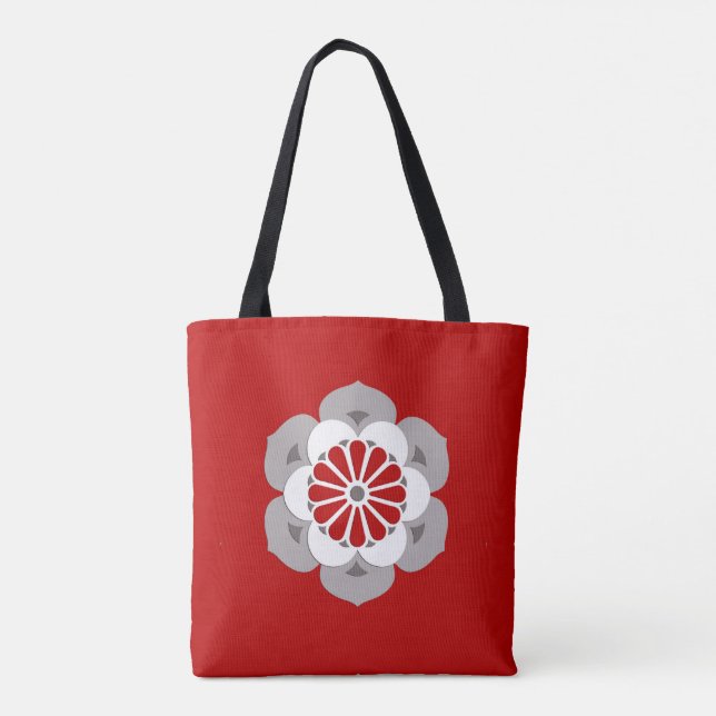 Lotus Flower Mandala, Dark Red, Gray and White Tote Bag (Back)