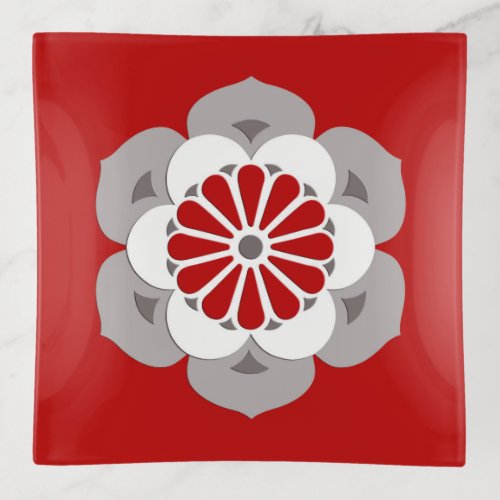 Lotus Flower Mandala Dark Red Gray and White Trinket Tray