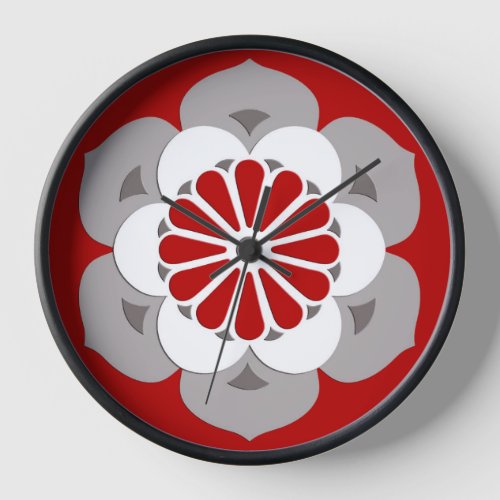 Lotus Flower Mandala Dark Red Gray and White Wall Clock