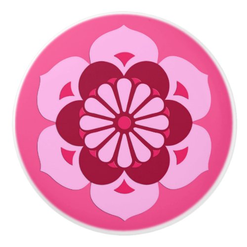 Lotus Flower Mandala Fuchsia Pink and Burgundy Ceramic Knob