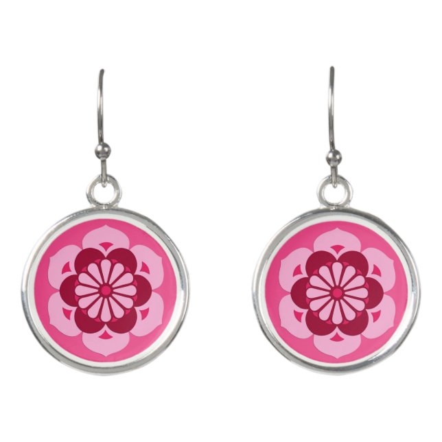Lotus Flower Mandala, Fuchsia Pink and Burgundy Earrings (Front)