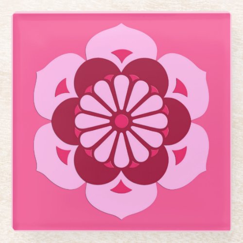 Lotus Flower Mandala Fuchsia Pink and Burgundy Glass Coaster