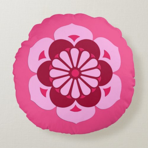 Lotus Flower Mandala Fuchsia Pink and Burgundy Round Pillow