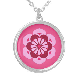 Lotus Flower Mandala, Fuchsia Pink and Burgundy Silver Plated Necklace