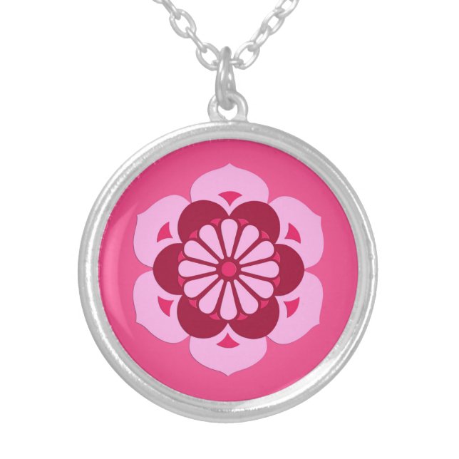 Lotus Flower Mandala, Fuchsia Pink and Burgundy Silver Plated Necklace (Front)
