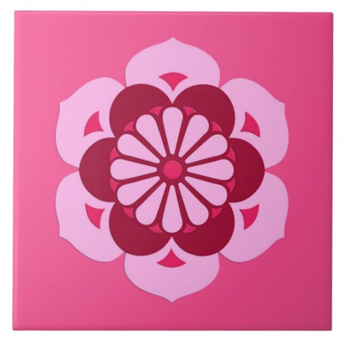 Lotus Flower Mandala Fuchsia Pink and Burgundy Tile