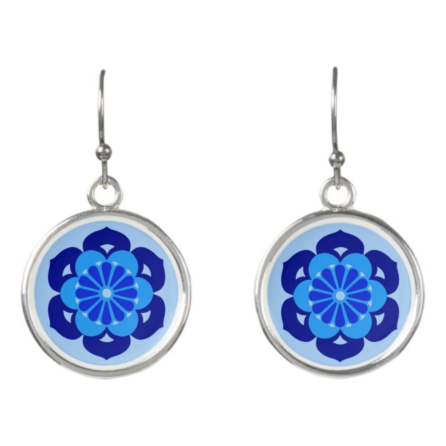 Lotus Flower Mandala, Indigo and Light Blue Earrings (Front)