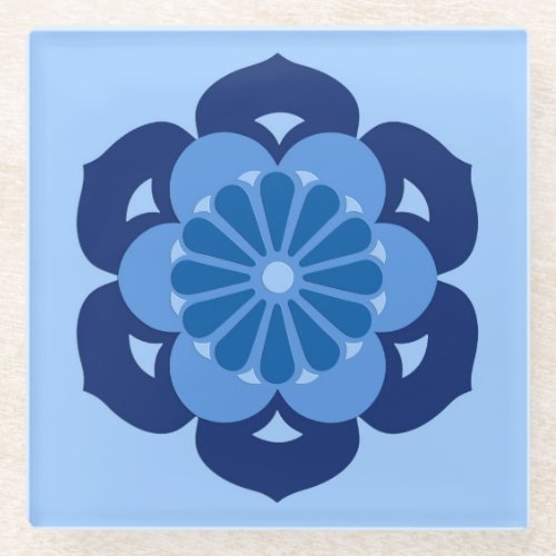 Lotus Flower Mandala Indigo and Light Blue Glass Coaster