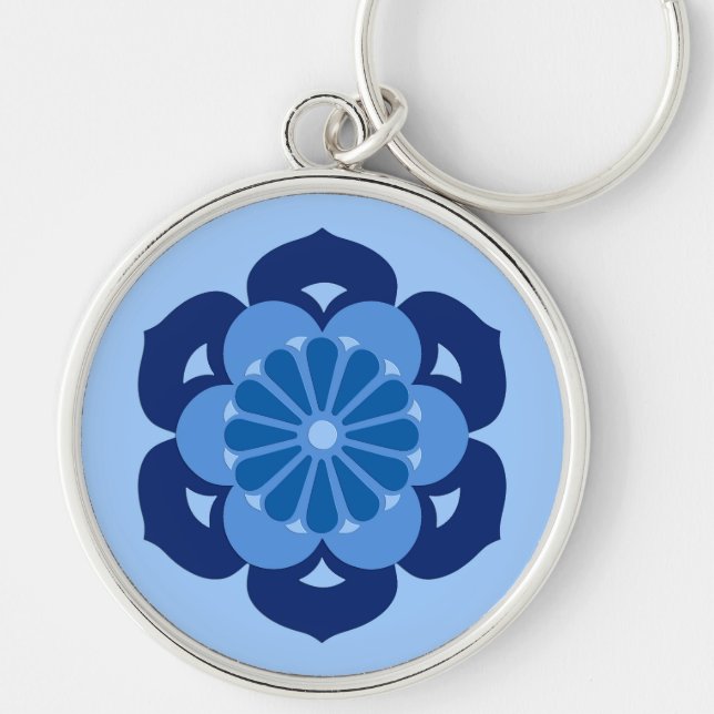 Lotus Flower Mandala, Indigo and Light Blue Keychain (Front)