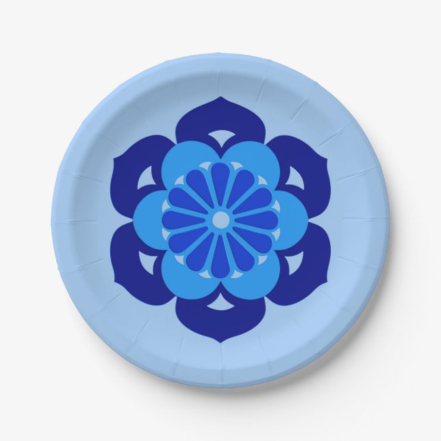 Lotus Flower Mandala, Indigo and Light Blue Paper Plates (Front)