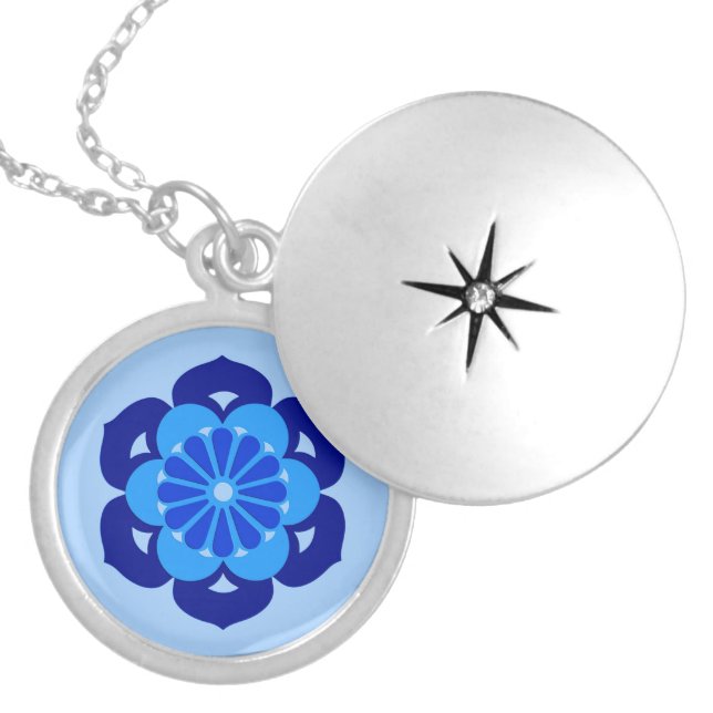 Lotus Flower Mandala, Indigo and Light Blue Silver Plated Necklace (Front)