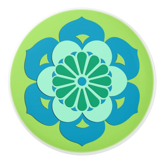Lotus Flower Mandala, Lime Green and Light Blue Ceramic Knob (Front)