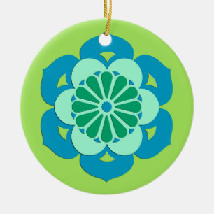 Lotus Flower Mandala, Lime Green and Light Blue Ceramic Ornament
