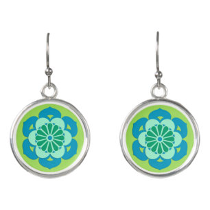 Lotus Flower Mandala, Lime Green and Light Blue Earrings