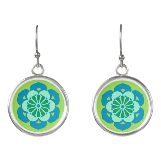 Lotus Flower Mandala, Lime Green and Light Blue Earrings (Front)