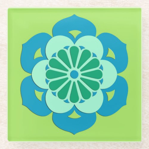 Lotus Flower Mandala Lime Green and Light Blue Glass Coaster