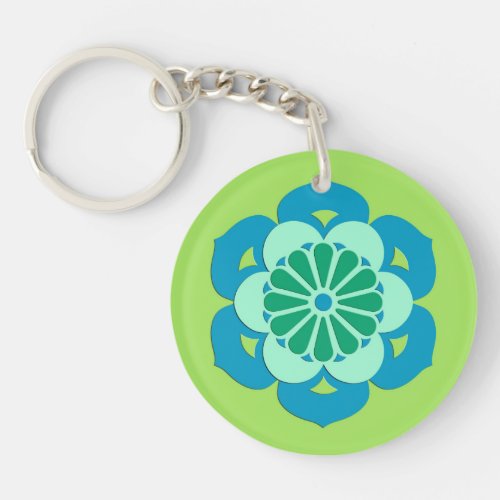 Lotus Flower Mandala Lime Green and Light Blue Keychain