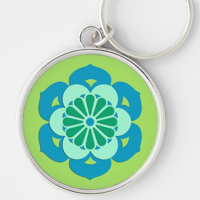 Lotus Flower Mandala, Lime Green and Light Blue Keychain (Front)
