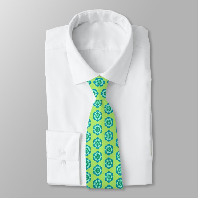 Lotus Flower Mandala, Lime Green and Light Blue  Neck Tie (Tied)