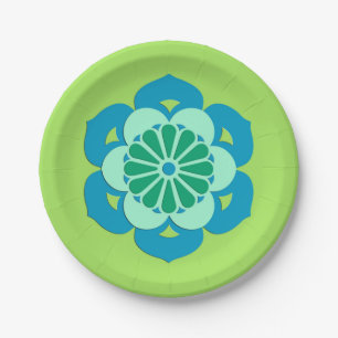 Lotus Flower Mandala, Lime Green and Light Blue Paper Plates