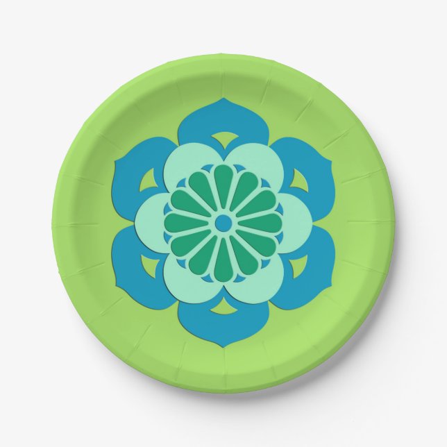 Lotus Flower Mandala, Lime Green and Light Blue Paper Plates (Front)