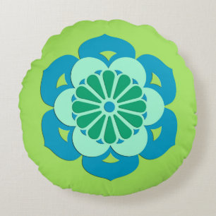 Lotus Flower Mandala, Lime Green and Light Blue Round Pillow