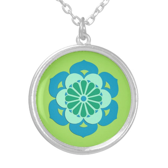 Lotus Flower Mandala, Lime Green and Light Blue Silver Plated Necklace (Front)