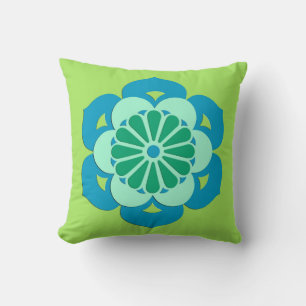 Lotus Flower Mandala, Lime Green and Light Blue Throw Pillow