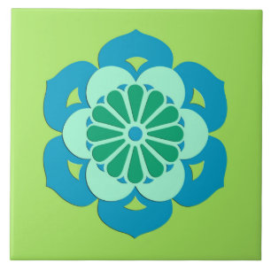 Lotus Flower Mandala, Lime Green and Light Blue Tile