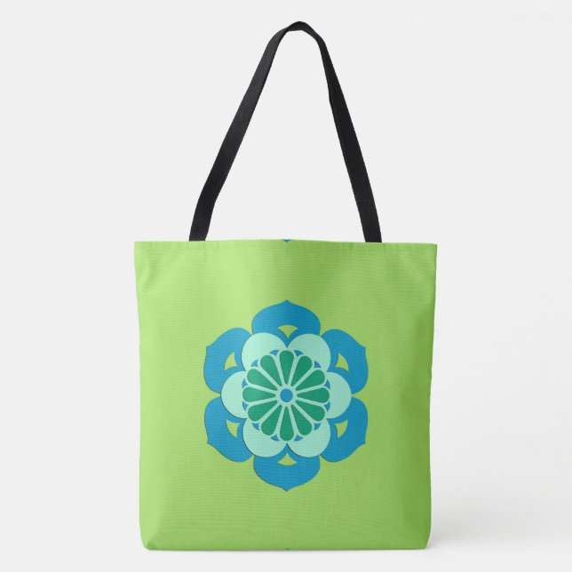 Lotus Flower Mandala, Lime Green and Light Blue Tote Bag (Front)