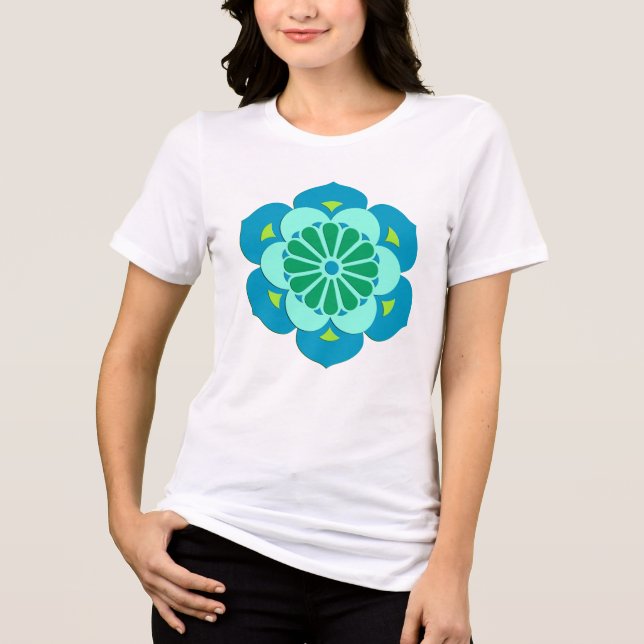 Lotus Flower Mandala, Lime Green and Light Blue Tri-Blend Shirt (Front)