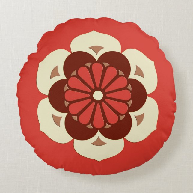 Lotus Flower Mandala, Mandarin Orange Round Pillow (Front)