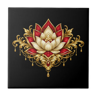Lotus flower maroon gold black floral indian wall ceramic tile